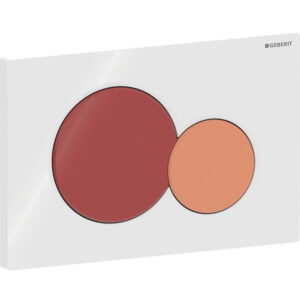 Geberit Sigma01 bedieningspaneel, rond, 2-toets spoeling, voor Bambini wc – Plaat: wit / Glanzend; Toets volledig volume: karmijnrood / Glanzend; Toets gedeeltelijk volume: oranje / Glanzend – 115.770.FY.5