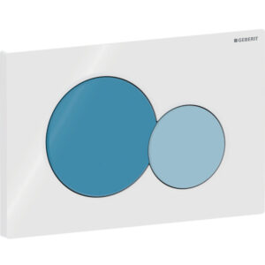 Geberit Sigma01 bedieningspaneel, rond, 2-toets spoeling, voor Bambini wc – Plaat: wit / Glanzend; Toets volledig volume: oceaanblauw / Glanzend; Toets gedeeltelijk volume: lichtblauw / Glanzend – 115.770.SX.5