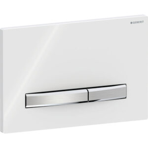 Geberit Sigma50 bedieningspaneel, hoekig, 2-toets spoeling, metaalkleur verchroomd – Grondplaat: chroom / Glanzend; Afdekplaat: wit / Glanzend; Toets: chroom / Geborsteld, easy to clean gecoat – 115.788.11.2