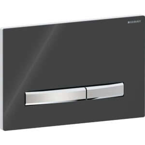 Geberit Sigma50 bedieningspaneel, hoekig, 2-toets spoeling, metaalkleur verchroomd – Grondplaat: chroom / Glanzend; Afdekplaat: zwart / Glanzend; Toets: chroom / Geborsteld, easy to clean gecoat – 115.788.DW.2