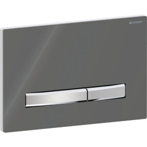 Geberit Sigma50 bedieningspaneel, hoekig, 2-toets spoeling, metaalkleur verchroomd – Grondplaat: chroom / Glanzend; Afdekplaat: Spiegelend rookglas; Toets: chroom / Geborsteld, easy to clean gecoat – 115.788.SD.2