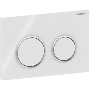Geberit Omega20 bedieningspaneel, rond, 2-toets spoeling – Plaat, Toets: wit / Glanzend; Designring: chroom / Glanzend – 115.085.KJ.1