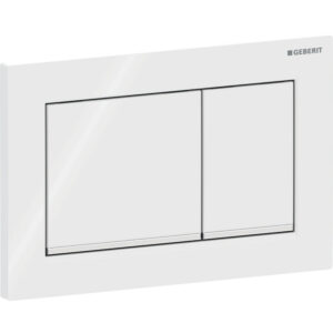 Geberit Omega20 bedieningspaneel, hoekig, 2-toets spoeling – Plaat, Toets: wit / Glanzend; Designstrook: chroom / Glanzend – 115.080.KJ.1