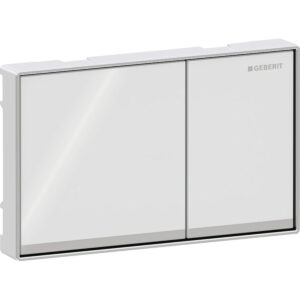 Geberit Omega60 bedieningspaneel, hoekig, 2-toets spoeling, vlak geïntegreerd – Toets: wit / Glanzend glas; Designstrook: Spiegelglas; Frame: chroom / Glanzend – 115.081.SI.1