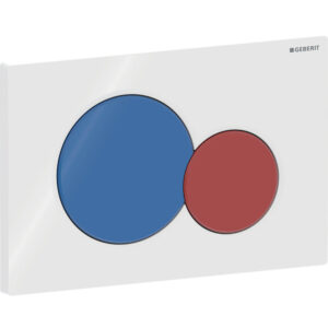 Geberit Sigma01 bedieningspaneel, rond, 2-toets spoeling, voor Bambini wc – Plaat: wit / Glanzend; Toets volledig volume: ultramarijnblauw / Glanzend; Toets gedeeltelijk volume: koraalrood / Glanzend – 115.770.LB.5
