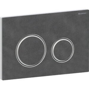 Geberit Sigma50 bedieningspaneel, rond, 2-toets spoeling, metaalkleur verchroomd – Grondplaat, Designring: chroom / Glanzend; Afdekplaat, Toets: Mustang leisteen – 115.884.JM.1