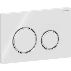 Geberit Sigma50 bedieningspaneel, rond, 2-toets spoeling, metaalkleur verchroomd – Grondplaat, Designring: chroom / Glanzend; Afdekplaat, Toets: wit / Glanzend glas – 115.884.SI.1