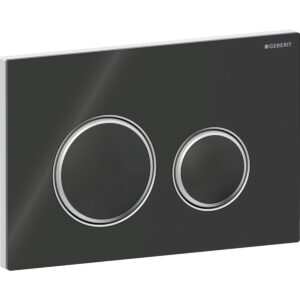 Geberit Sigma50 bedieningspaneel, rond, 2-toets spoeling, metaalkleur verchroomd – Grondplaat, Designring: chroom / Glanzend; Afdekplaat, Toets: zwart / Glanzend glas – 115.884.SJ.1