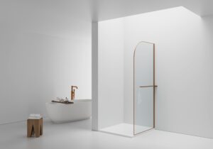Curvy gebogen douchewand – 100x200 cm – geborsteld koper – helder glas