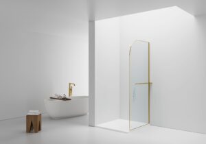 Curvy gebogen douchewand – 100x200 cm – geborsteld goud – helder glas