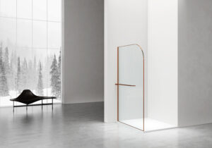 Curvy gebogen douchewand – 120x200 cm – geborsteld koper – helder glas