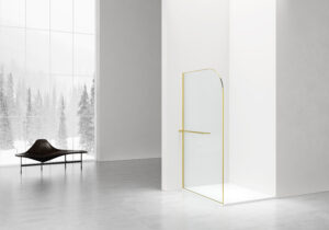 Curvy gebogen douchewand – 120x200 cm – geborsteld goud – helder glas