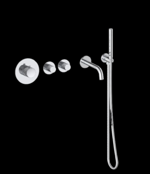Badset inbouw deluxe met box thermostaat, muurbevestiging / doucheslang, staafhanddouche Chroom met geribbelde knop