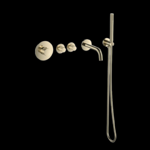 Badset inbouw deluxe met box thermostaat, muurbevestiging / doucheslang, staafhanddouche Goud Geborsteld met geribbelde knop