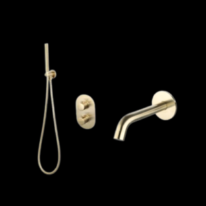 Badset inbouw met box thermostaat, muurbevestiging / doucheslang, staafhanddouche Goud Geborsteld met geribbelde knop