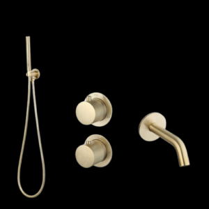 Badset inbouw met box thermostaat, muurbevestiging / doucheslang, staafhanddouche / afwerkringen / Goud Geborsteld met geribbelde knop