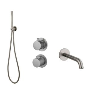 Badset inbouw met box thermostaat, muurbevestiging / doucheslang, staafhanddouche / afwerkringen / Gun Metal