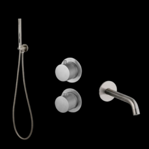 Badset inbouw met box thermostaat, muurbevestiging / doucheslang, staafhanddouche / afwerkringen / Gun Metal met geribbelde knop