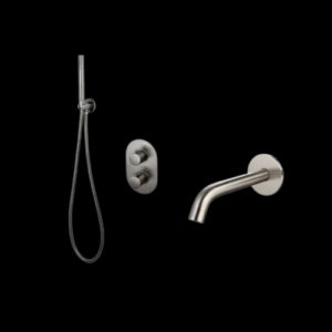 Badset inbouw met box thermostaat, muurbevestiging / doucheslang, staafhanddouche Gun Metal met geribbelde knop