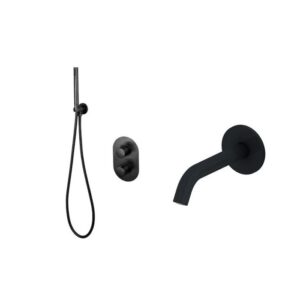 Badset inbouw met box thermostaat, muurbevestiging / doucheslang, staafhanddouche Mat Zwart met geribbelde knop