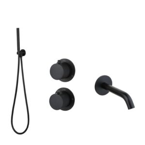 Badset inbouw met box thermostaat, muurbevestiging / doucheslang, staafhanddouche / afwerkringen / Mat Zwart met geribbelde knop