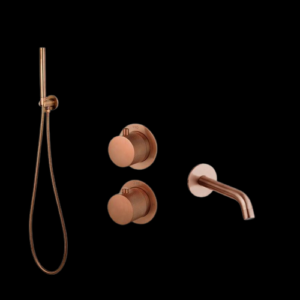 Badset inbouw met box thermostaat, muurbevestiging / doucheslang, staafhanddouche / afwerkringen / Brons met geribbelde knop