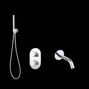 Badset inbouw met box thermostaat, muurbevestiging / doucheslang, staafhanddouche Chroom met geribbelde knop