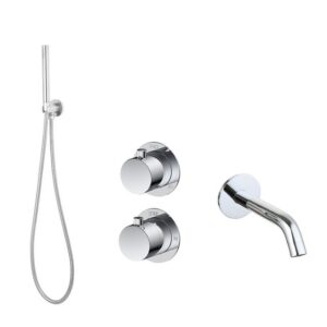 Badset inbouw met box thermostaat, muurbevestiging / doucheslang, staafhanddouche / afwerkringen / Chroom