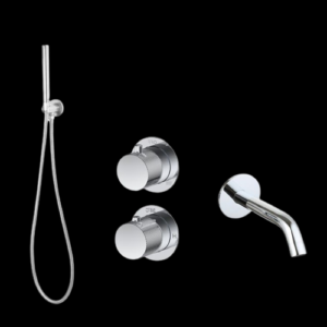 Badset inbouw met box thermostaat, muurbevestiging / doucheslang, staafhanddouche / afwerkringen / Chroom met geribbelde knop