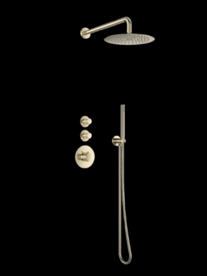 Doucheset inbouw deluxe met box thermostaat, muurbevestiging / douchekop 25 cm Goud Geborsteld met geribbelde knop