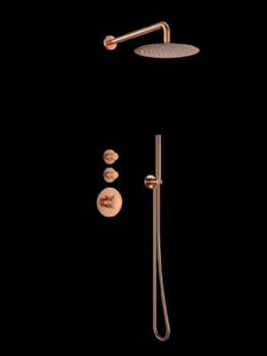Doucheset inbouw deluxe met box thermostaat, muurbevestiging / douchekop 25 cm Brons met geribbelde knop