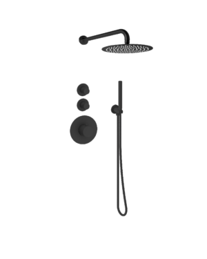 Doucheset inbouw deluxe met box thermostaat, muurbevestiging / douchekop 30 cm Mat Zwart met geribbelde knop