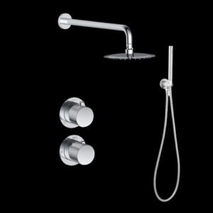 Doucheset inbouw met box thermostaat, muurbevestiging / afwerkringen / douchekop 30 cm Chroom met geribbelde knop