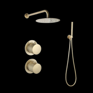 Doucheset inbouw met box thermostaat, muurbevestiging / afwerkringen / douchekop 25 cm Goud Geborsteld met geribbelde knop
