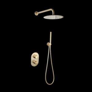 Doucheset inbouw met box thermostaat, muurbevestiging / douchekop 30 cm Goud Geborsteld met geribbelde knop