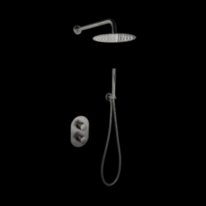 Doucheset inbouw met box thermostaat, muurbevestiging / douchekop 25 cm Gun Metal met geribbelde knop