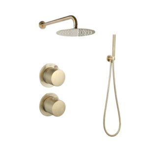 Doucheset inbouw met box thermostaat, muurbevestiging / afwerkringen / douchekop 30 cm Goud Geborsteld