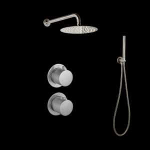 Doucheset inbouw met box thermostaat, muurbevestiging / afwerkringen / douchekop 25 cm Gun Metal met geribbelde knop