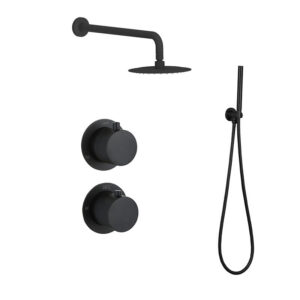Doucheset inbouw met box thermostaat, muurbevestiging / afwerkringen / douchekop 25 cm Mat Zwart