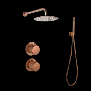 Doucheset inbouw met box thermostaat, muurbevestiging / afwerkringen / douchekop 30 cm Brons met geribbelde knop