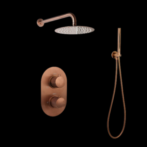 Doucheset inbouw met box thermostaat, muurbevestiging / douchekop 30 cm Brons met geribbelde knop