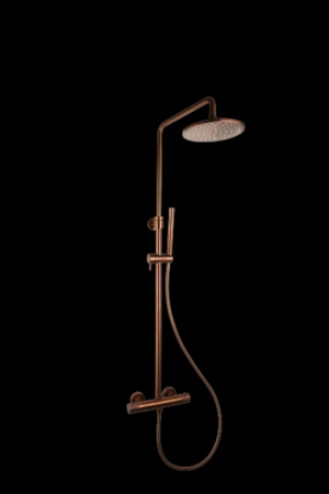 Doucheset thermostatisch (in hoogte verstelbaar) Brons met geribbelde knop douchekop 25 cm
