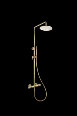 Doucheset thermostatisch (in hoogte verstelbaar) Goud Geborsteld met geribbelde knop douchekop 25 cm