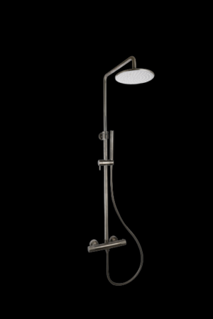 Doucheset thermostatisch (in hoogte verstelbaar) Gun Metal met geribbelde knop douchekop 20 cm