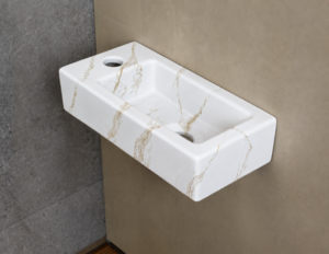Fontein Keramiek Marmerlook Wit Qubic Mini – Kraangat Links – 36,5x18x9 cm