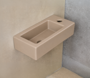 Fontein Keramiek Mat Zand Beige Qubic Mini – Kraangat Rechts – 36,5x18x9 cm