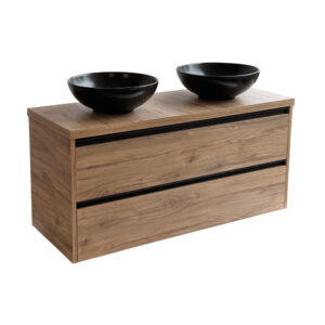 Sanicare Arda badkamermeubel 120cm diveria oak met ronde zwarte waskommen