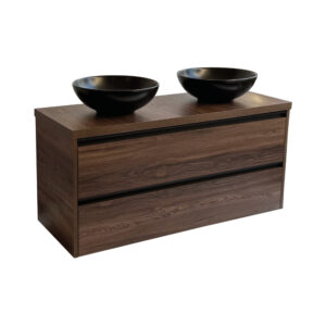 Sanicare Arda badkamermeubel 120cm nera oak met ronde zwarte waskommen
